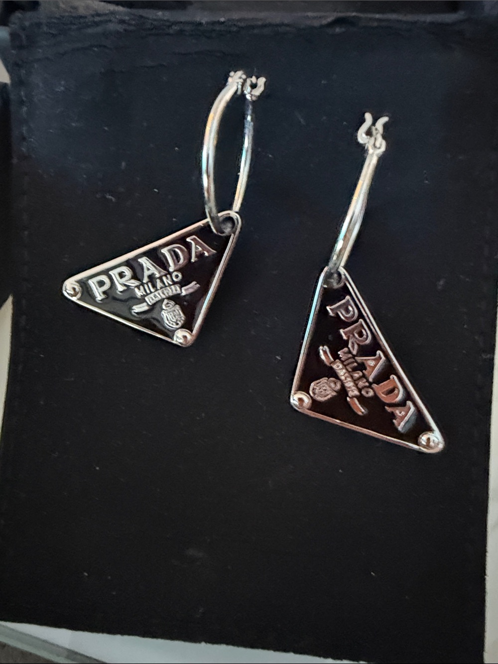 Prada Black and Silver Triangle Logo Hoop Earrings
